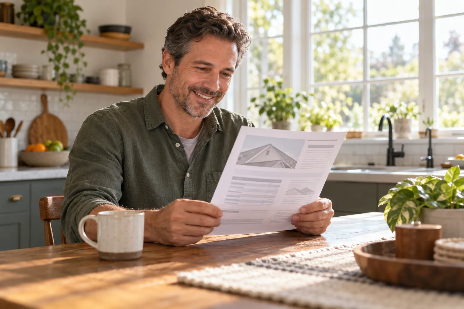 A homeowner reviewing a roof estimate at the kitchen table